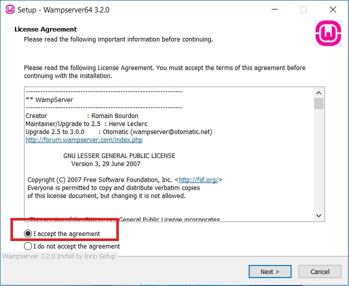 WampServer installation Licence agreement Screenshot