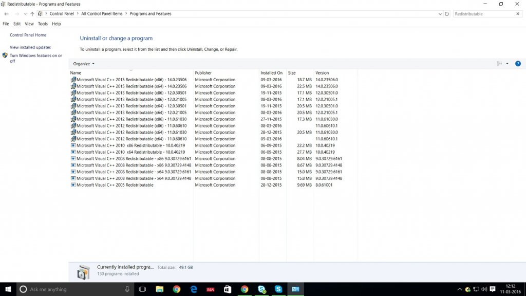 This is the screenshot of multiple Visual C++ Redistributale installed in windows 10, Control Panel- Program and features.