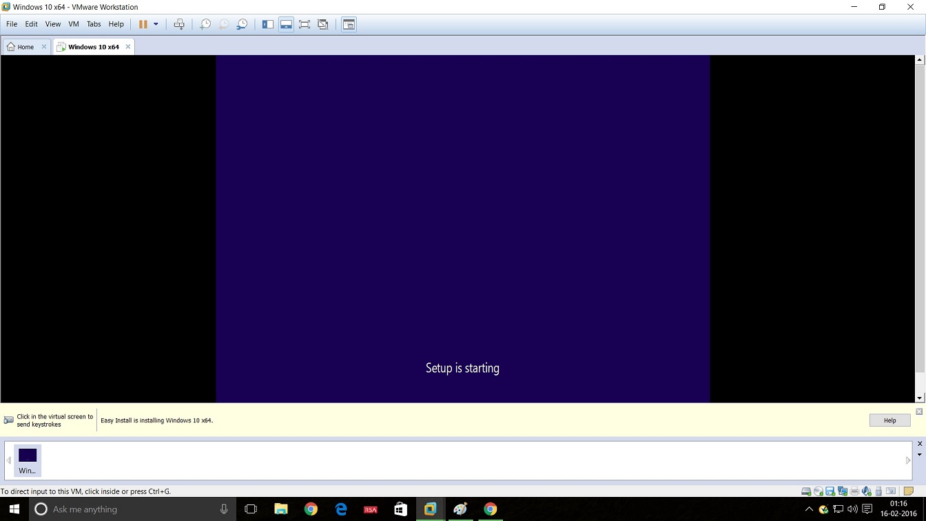 Screenshot of VMware Workstation 12 Windows 10 installation setup starting