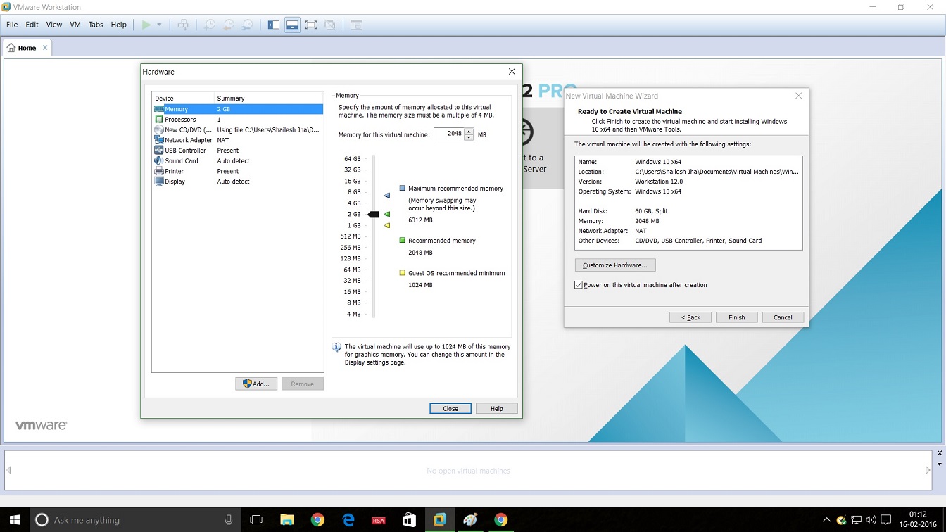 Screenshot of VMware Workstation 12 Windows 10 installation - Ready to create virtual machine dialog box