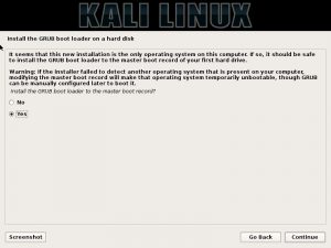 Kali Linux Installation - Install GRUB boot loader dialog box screenshot