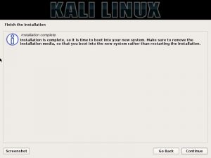 Kali Linux Installation complete dialog box screenshot
