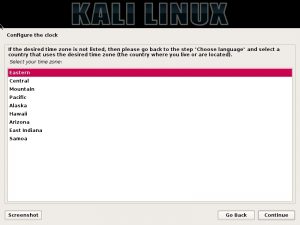 Kali Linux installation - Configure clock dialog box screenshot