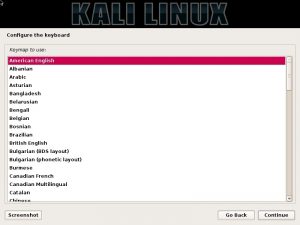Kali Linux installation - Configure the keyboard dialog box screenshot