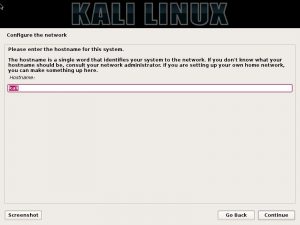 Kali Linux installation - Configure network dialog box screenshot
