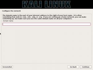 Kali linux installation - Configure Network Domain name dialog box screenshot