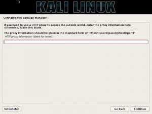 Click Image to Enlarge Kali Linux installation - Configure package manager HTTP proxy settings dialog box screenshot.
