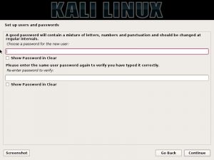 Kali linux installation enter user password dialog box screenshot