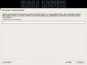Kali linux installation - Enter username dialog box screenshot