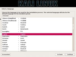 Kali Linux installation- Select a language dialog box screenshot