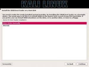 Kali Linux installation - Select device for boot loader installation dialog box screenshot