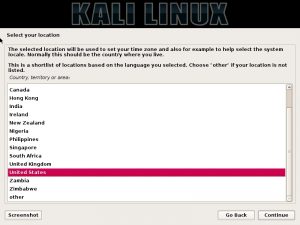 Kali linux installation - Select location dialog box screenshot