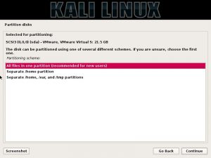 Kali Linux installation - Select partition scheme dialog box screenshot