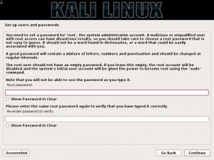 Kali linux installation - Set password for root user dialog box screenshot