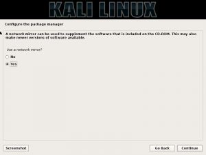 Kali Linux installation - Use a network mirror dialog box screenshot