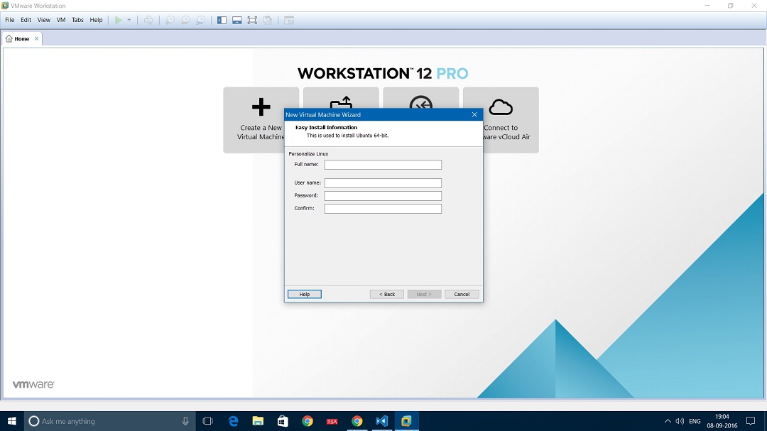 VMware Workstation 12 install ubuntu desktop personalize linux dialog box