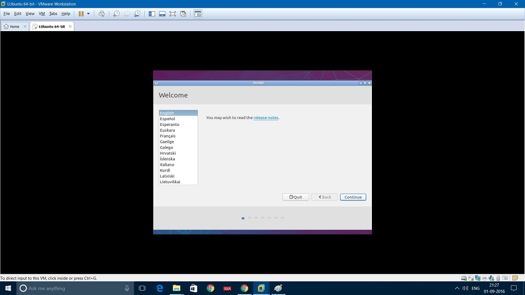 VMware workstation - Lubuntu select default language screenshot