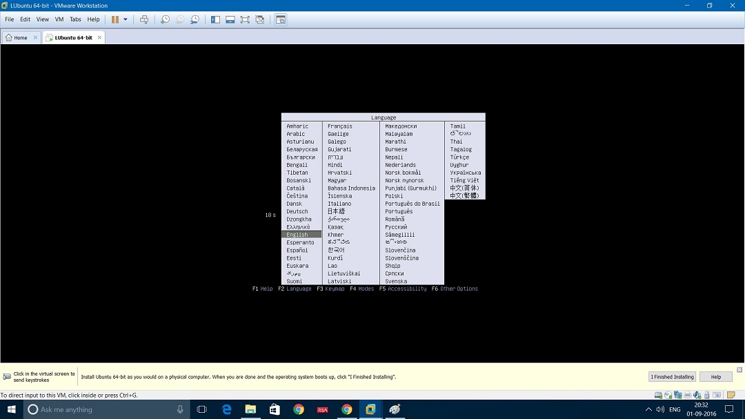 VMware Workstation install lubuntu select language for installation screenshot