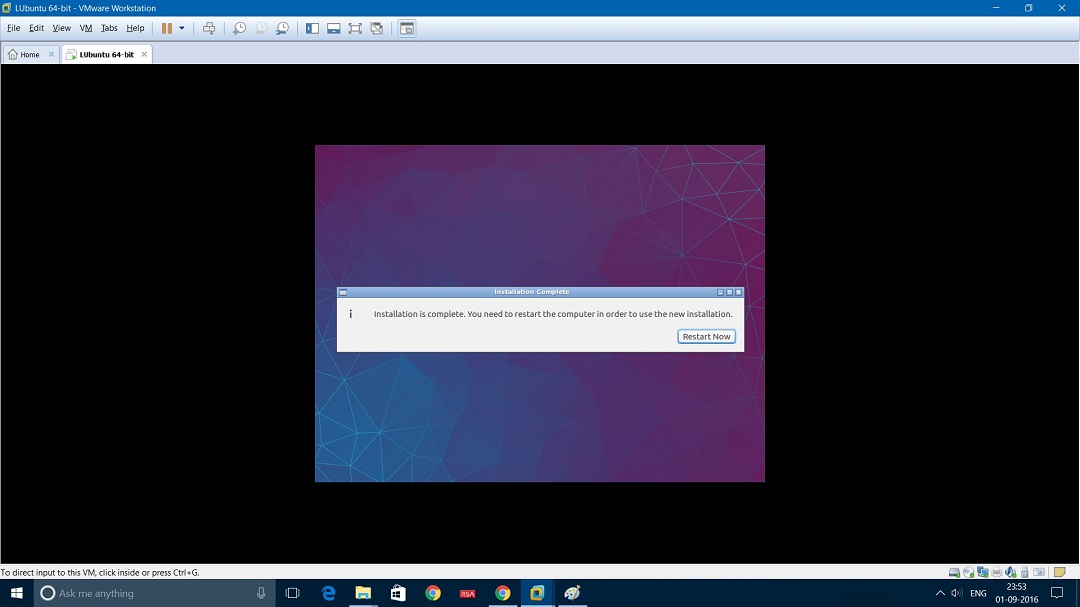 VMware Workstation installing Lubuntu - Restart required screenshot