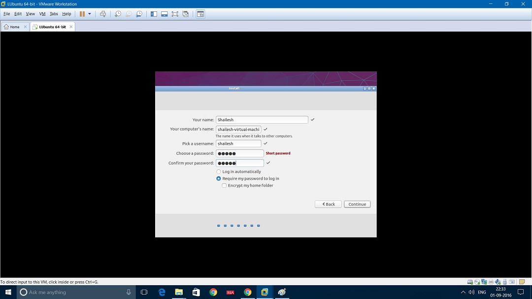 VMwae workstation instaling Lubuntu - Specify Username and Password