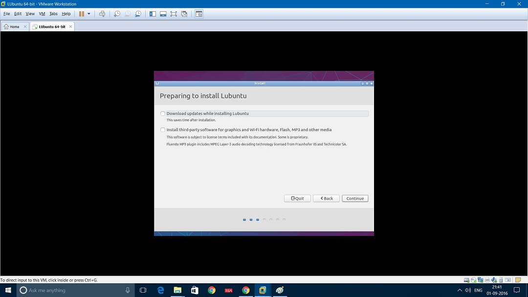 VMware Workstation installing Lubuntu - selecting - updates and third party tools