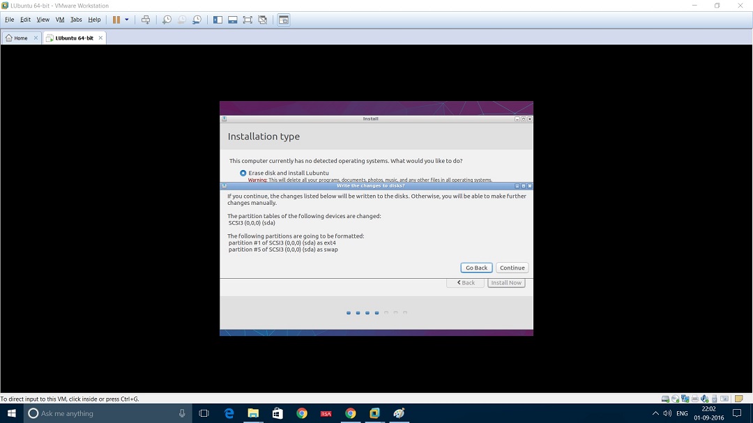 VMware Workstation Installing Lubuntu - Write changes to disk screenshot