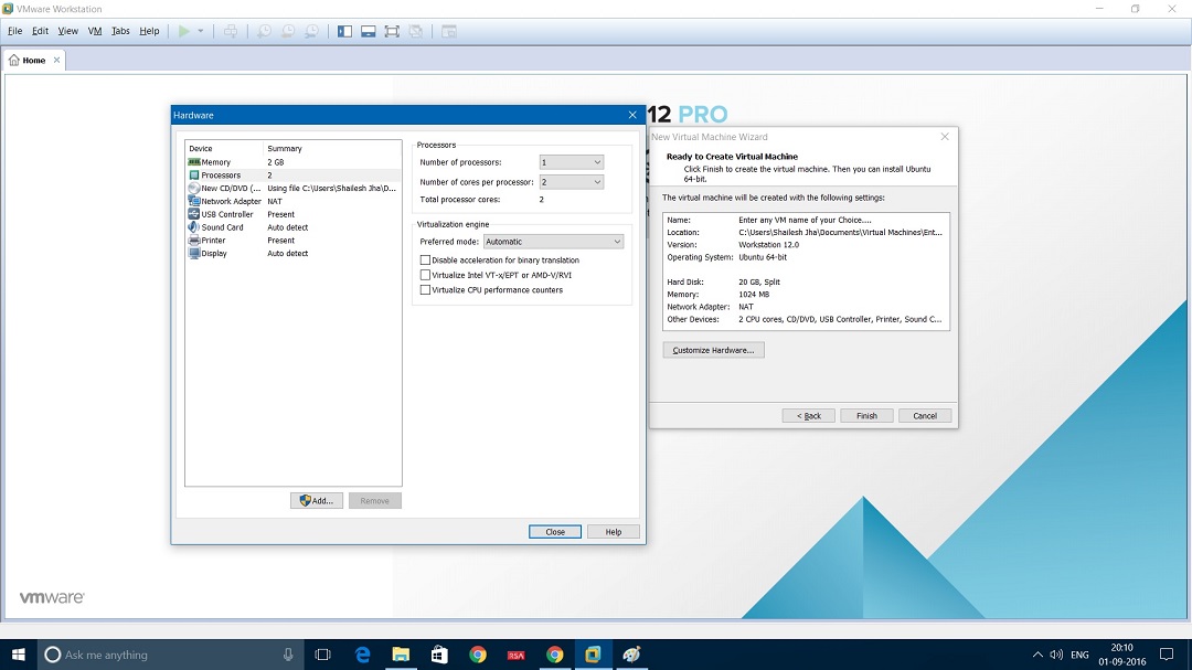 VMware Workstation ready to create virtual machine hardware settings dialog box screenshot.