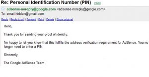 Google Adsense address verification without PIN conformation mail screenshot