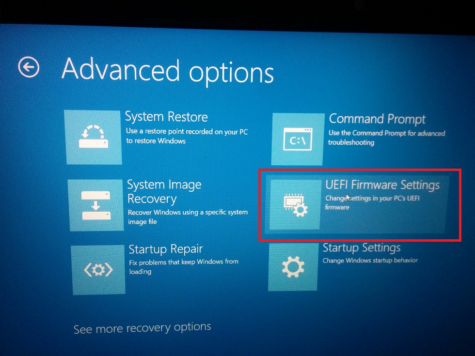 UEFI boot Troubleshoot - Advanced Option- UEFI Firmware Settings screenshot