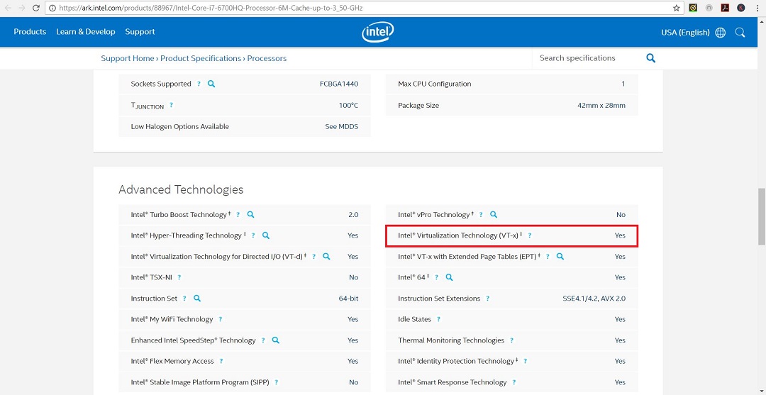 Intel 6800 HQ processor specification webpage screenshot