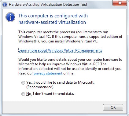 Microsoft hardware assisted virtualization detection tool screenshot