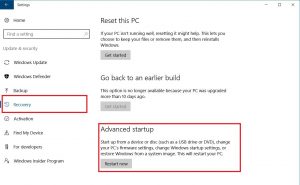 Windows 10 Settings - Update and Security- dialog box screenshot