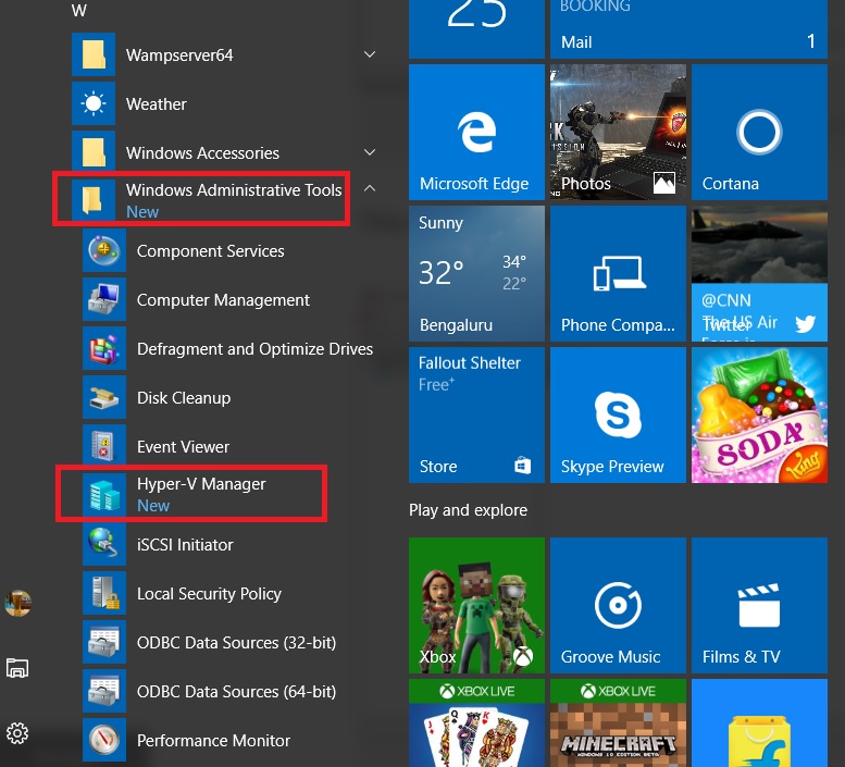 Windows 10 Hyper V manager start menu