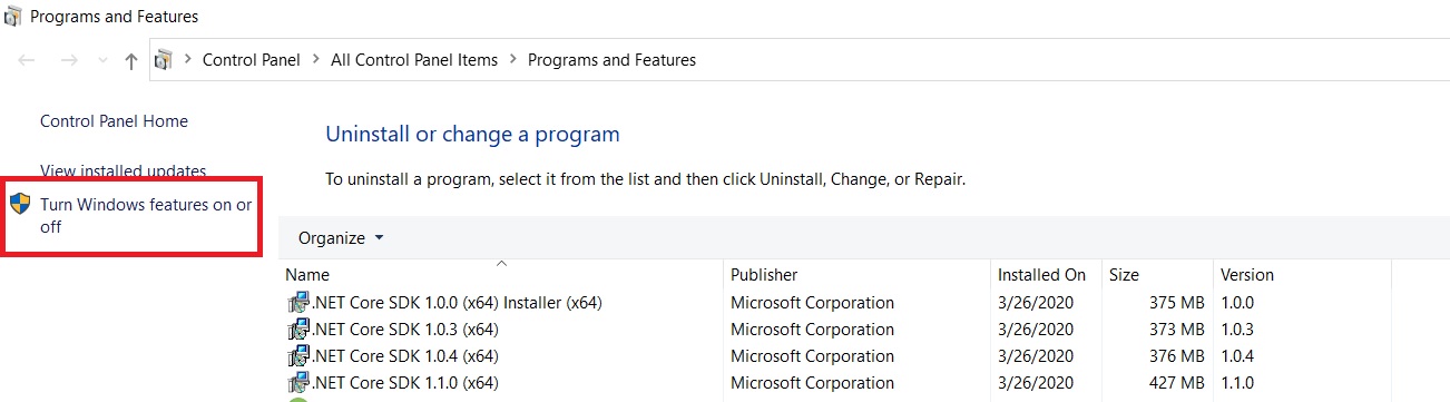 Windows 10 - Program and Features