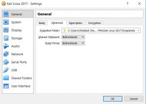 VirtualBox - Settings - General - Advanced tab dialog box screenshot