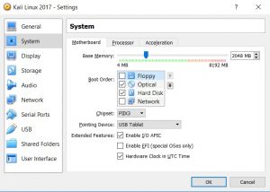 VirtualBox settings system motherboard tab screenshot