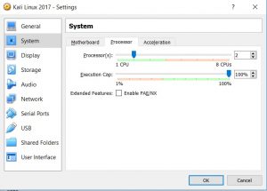 VirtualBox settings system processor tab screenshot