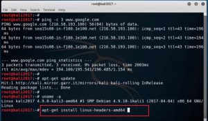 VirtualBox Kali Linux termina - Install linux headers command screenshot