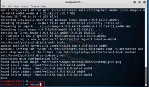 Kali Linux terminal - Reboot command screenshot