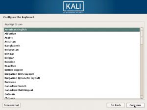 Install Kali Linux - Configure keyboard Screenshot