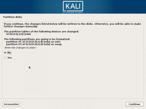 Install Kali Linux 2017 in VMware Workstation 12- Disk Partition Confirmation Screenshot