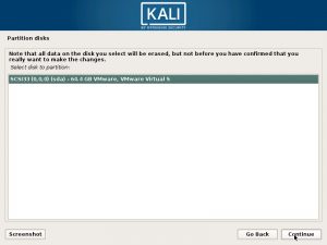 Install Kali Linux 2017 in VMware Workstation 12- Select Disk to Partition Screenshot