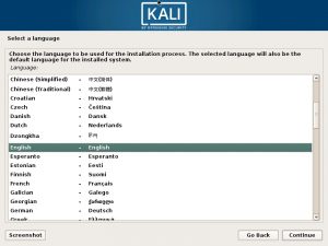 Install Kali Linux - Select a Language Screenshot