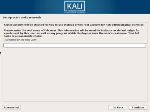 Kali Linux Installation - setup user