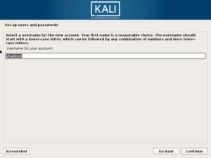 Kali Linux installation - setup user account