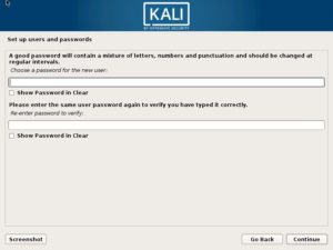 Kali Linux Installation - setup user password