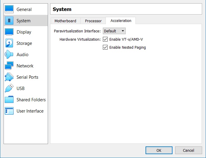 VirtualBox - VM system acceleration settings