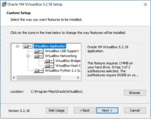 VirtualBox Installation - Custom setup dialog box screenshot