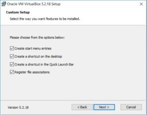 VirtualBox Installation - Custom Setup - Select feature to Install Dialog box screenshot