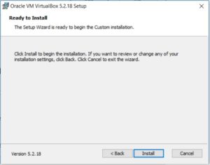 VirtualBox Installation Ready to Install dialog box screenshot